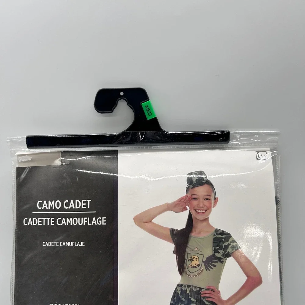 NEW Camo Cadet Costume Girls Child Medium 6-8 Dress Hat‎ Headband Halloween